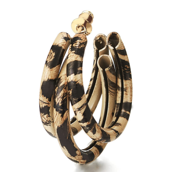 Stylish Leopard Print Statement Earrings Three Circles Large Huggie Hinged Hoop, Party Prom - COOLSTEELANDBEYOND Jewelry