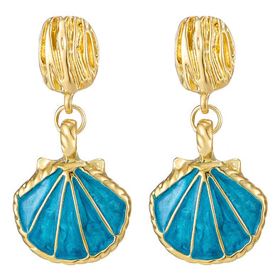 Summer Fashion Gold Color Sector Seashells Statement Drop Dangle Stud Earrings with Blue Enamel - COOLSTEELANDBEYOND Jewelry