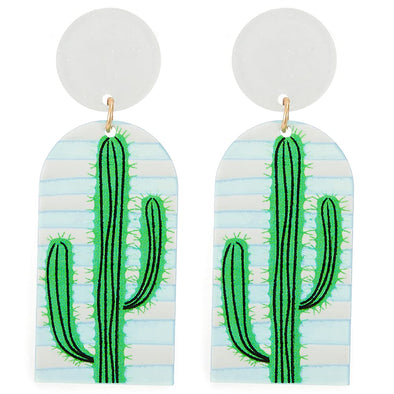 Summer Fashion White Green Stripes Cactus Long Drop Dangle Stud Earrings Acrylic - COOLSTEELANDBEYOND Jewelry