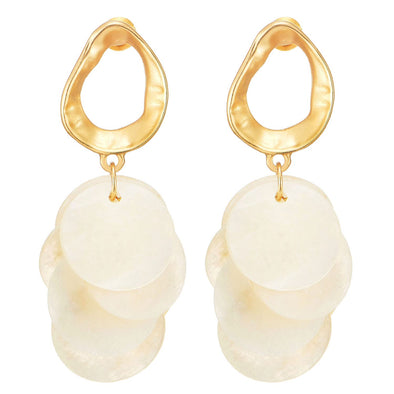 Summer Gold Color Irregular Oval Statement Drop Dangle Stud Earrings with White Disc of Pearl - COOLSTEELANDBEYOND Jewelry