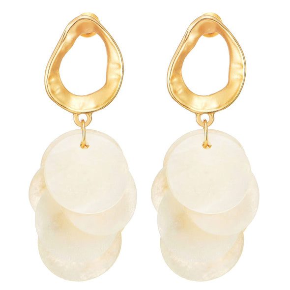 Summer Gold Color Irregular Oval Statement Drop Dangle Stud Earrings with White Disc of Pearl - COOLSTEELANDBEYOND Jewelry