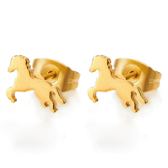 Tiny Small Stainless Steel Gold Color Horse Stud Earrings for Men Women, 2 pcs - COOLSTEELANDBEYOND Jewelry