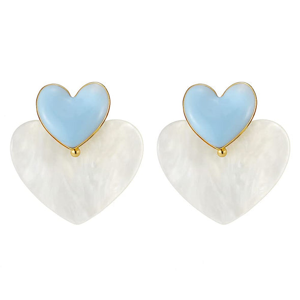 Two Stacking Hearts Gold Color Statement Drop Dangle Stud Earrings, Mother of Pearl, Blue Enamel - COOLSTEELANDBEYOND Jewelry