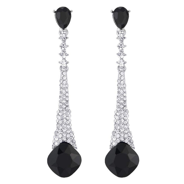 Unique Black Crystal Rhinestone Cluster Teardrop Long Drop Dangle Statement Earrings, Party Event - COOLSTEELANDBEYOND Jewelry