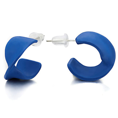 Unique Blue Twisted Wavy Hoop Huggie Hinged Stud Earrings - COOLSTEELANDBEYOND Jewelry