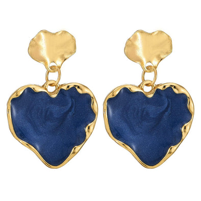 Unique Gold Color Double Irregular Hearts Statement Drop Dangle Stud Earrings with Blue Enamel - COOLSTEELANDBEYOND Jewelry