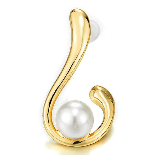 Unique Gold Color Hook Stud Earrings with Pearl Swirl - COOLSTEELANDBEYOND Jewelry