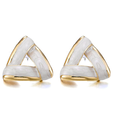 Unique Gold Color Triangle Statement Stud Earrings with Shinny Cream Enamel - COOLSTEELANDBEYOND Jewelry