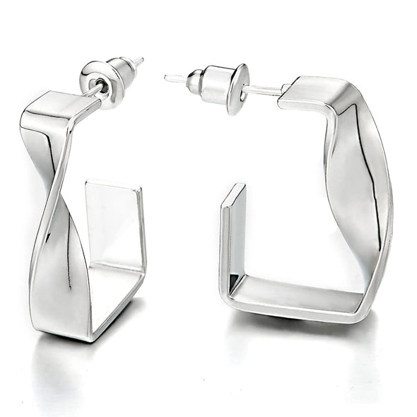 Unique Half Open Twisted Ribbon Statement Hoop Huggie Hinged Stud Earrings Rectangle - COOLSTEELANDBEYOND Jewelry