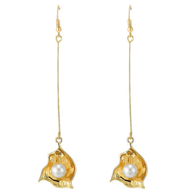Unique Rose Gold Bell Petal Long Drop Dangle Stud Earrings with Pearl - COOLSTEELANDBEYOND Jewelry
