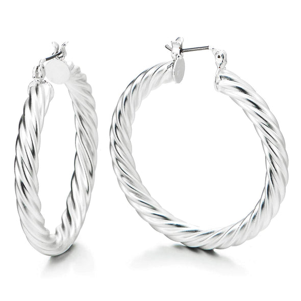 Unique White Silver Statement Earrings Twisted Circle Huggie Hinged Hoop, Dress Party Event Prom - COOLSTEELANDBEYOND Jewelry