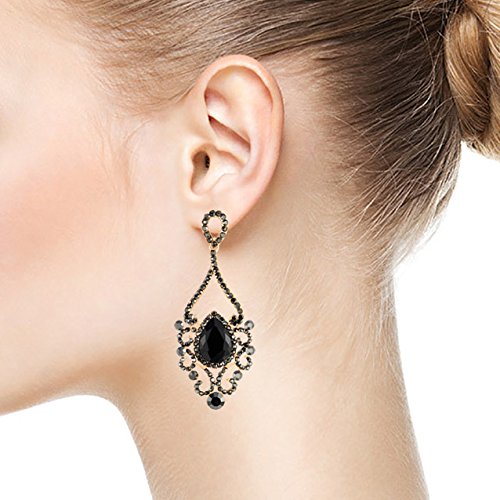 Victorian Black Crystal Rhinestone Filigree Chandelier Floral Large Statement Earrings, Banquet Prom - COOLSTEELANDBEYOND Jewelry