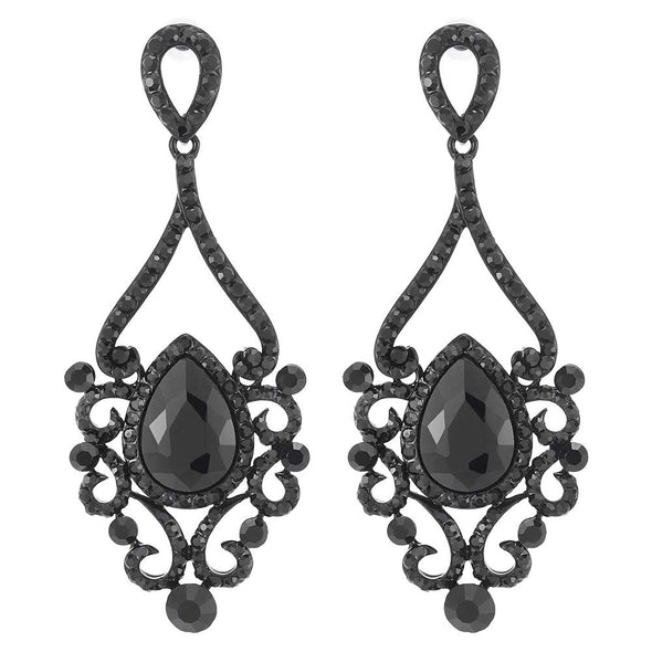 Victorian Black Crystal Rhinestone Filigree Chandelier Floral Large Statement Earrings, Prom Banquet - COOLSTEELANDBEYOND Jewelry