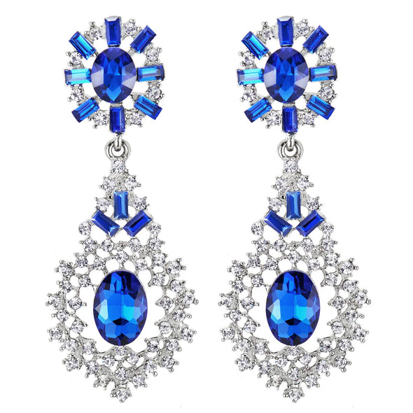 Victorian Blue Crystal Rhinestone Cluster Chandelier Teardrop Large Filigree Statement Earrings - COOLSTEELANDBEYOND Jewelry