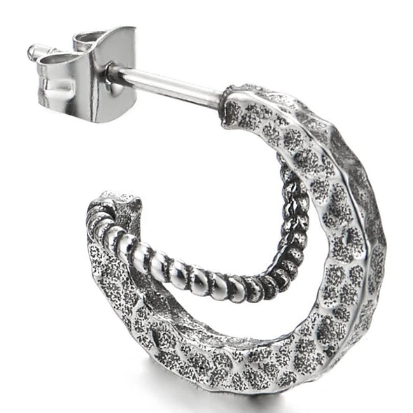 Vintage Rough Textured Spiral Wire Half Hoop Stud Huggie Hinge Steel Earrings for Man Women - COOLSTEELANDBEYOND Jewelry