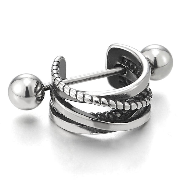 Vintage Stainless Steel Half Braided Circle Huggie Hinged Hoop Earrings for Men Women, 2pcs - coolsteelandbeyond