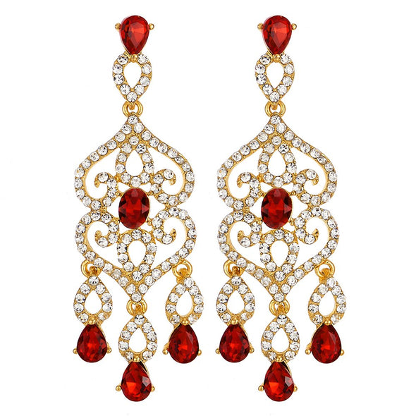 Vintage Wedding Party Banquet Red Crystal Rhinestone Teardrop Long Dangle Gold Statement Earrings - COOLSTEELANDBEYOND Jewelry