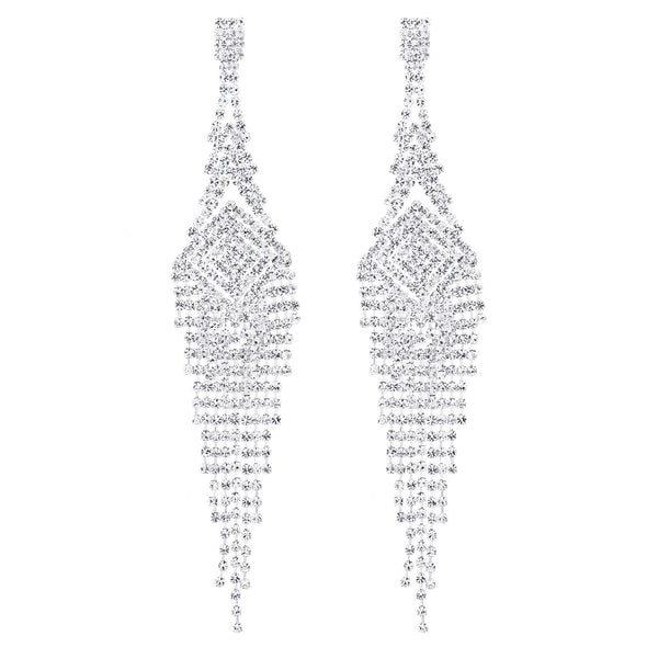 Wedding Bridal Rhinestone Pave Cluster Spiral Square Chain Long Tassel Dangle Statement Earrings - COOLSTEELANDBEYOND Jewelry