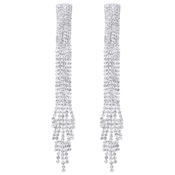 Wedding Party Rhinestone Cluster Long Chain Tassel Waterfall Dangle Statement Earrings, Sparkling - COOLSTEELANDBEYOND Jewelry