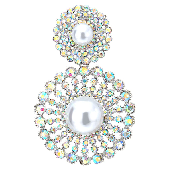 Wedding Rainbow Rhinestone Pearl Cluster Large Circle Flowers Long Drop Statement Earrings Elegant - COOLSTEELANDBEYOND Jewelry