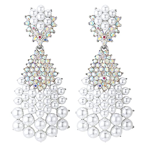Wedding Rainbow Rhinestone Synthetic Pearl Pave Cluster Long Teardrop Statement Earrings Elegant - COOLSTEELANDBEYOND Jewelry