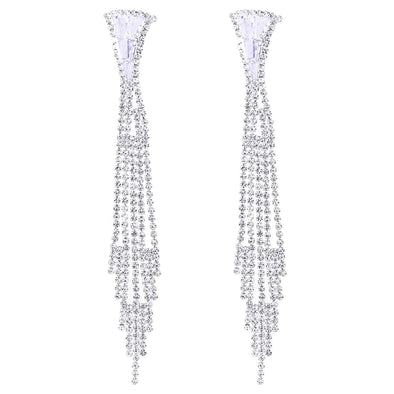 Wedding Rhinestone Crystal Cluster Long Chain Tassel Waterfall Dangle Statement Earrings, Sparkling - COOLSTEELANDBEYOND Jewelry