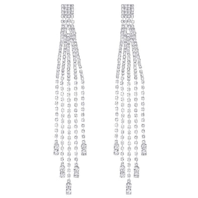 Wedding Rhinestone Pave Long Chain Tassel Waterfall Dangle Drop Braided Statement Earrings Sparkling - COOLSTEELANDBEYOND Jewelry