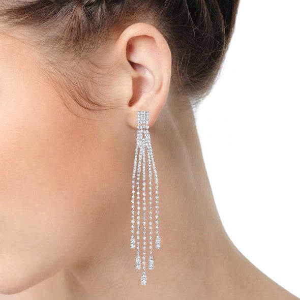 Wedding Rhinestone Pave Long Chain Tassel Waterfall Dangle Drop Braided Statement Earrings Sparkling - COOLSTEELANDBEYOND Jewelry