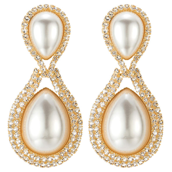 Wedding Rhinestone Synthetic Pearl Cluster Large Infinity Love Number 8 Long Drop Gold Earrings - COOLSTEELANDBEYOND Jewelry