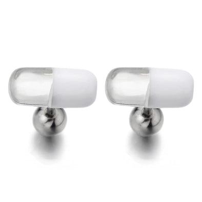 White Capsule Stud Earrings for Men Women, Stainless Steel Screw Back, 2 pcs - COOLSTEELANDBEYOND Jewelry