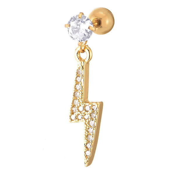 Women Gold Steel Solitaire Cubic Zirconia Stud Earrings Dangling Lightning Bolt with CZ, Screw Back - COOLSTEELANDBEYOND Jewelry