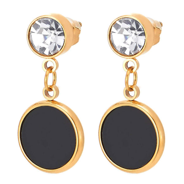 Women Mens Gold Steel Solitaire Cubic Zirconia Stud Earrings with Dangling Black Acrylic Circle - COOLSTEELANDBEYOND Jewelry