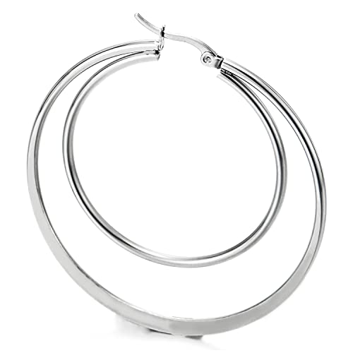 Women Steel Large Double Flat Plain Circle Huggie Hinged Hoop Earrings - COOLSTEELANDBEYOND Jewelry