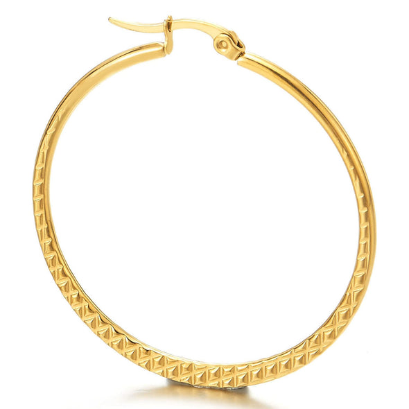 Women Steel Large Grooved Grid Pattern Circle Huggie Hinged Hoop Earrings, Gold Color, Fashion