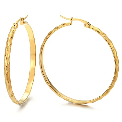 Women Steel Large Grooved Stripes Pattern Circle Huggie Hinged Hoop Earrings, Gold Color, Fashion - COOLSTEELANDBEYOND Jewelry