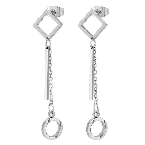 Women Steel Open Square Stud Earrings with Long Chain Dangling Open Circle and Stick Bar - COOLSTEELANDBEYOND Jewelry