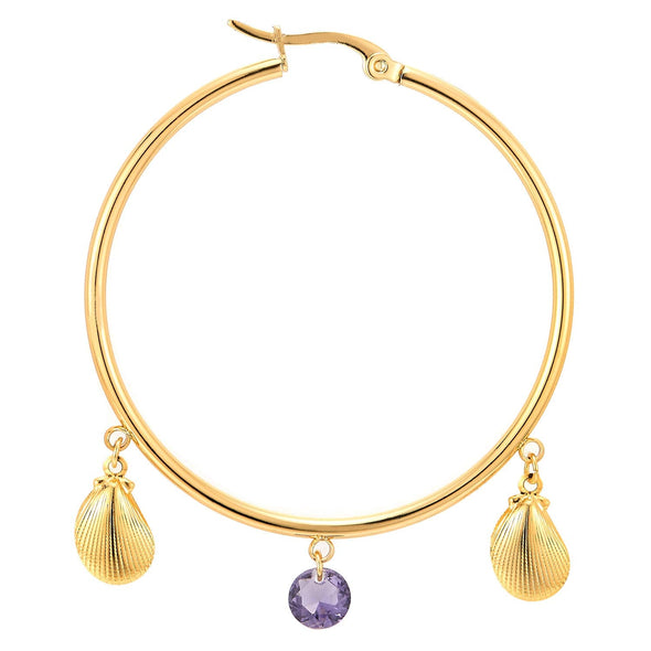 Womens Gold Steel Plain Circle Huggie Hinged Hoop Earrings Dangling Purple Cubic Zirconia and Shells - COOLSTEELANDBEYOND Jewelry