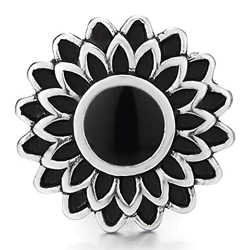 Womens Silver Black Layered Sunflower Stud Earrings with Black Enamel, Stainless Steel, Screw Back