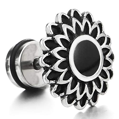 Womens Silver Black Layered Sunflower Stud Earrings with Black Enamel, Stainless Steel, Screw Back