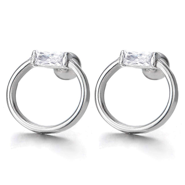 Womens Stainless Steel Open Circle Ring Stud Earrings with Rectangle Cubic Zirconia, Screw Back - COOLSTEELANDBEYOND Jewelry