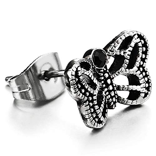 Womens Stainless Steel Pair Vintage Dotted Flying Butterfly Stud Earrings with Black Cubic Zirconia - COOLSTEELANDBEYOND Jewelry