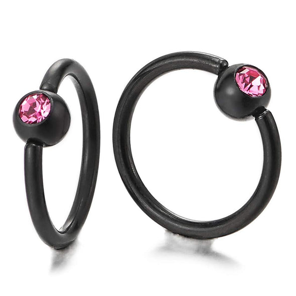 Womens Stainless Steel Plain Circle Bead Huggie Hinged Hoop Earrings with Pink Cubic Zirconia - COOLSTEELANDBEYOND Jewelry