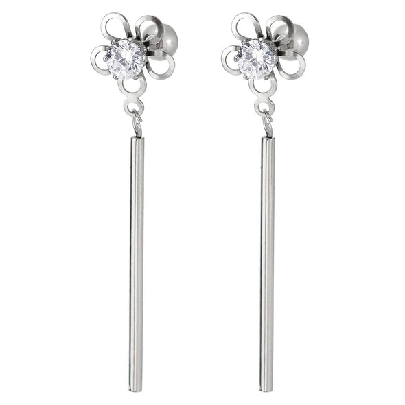 Womens Steel Flower Stud Earrings with Solitaire CZ, Dangling Long Cylinder Stick Bar, Screw Back - COOLSTEELANDBEYOND Jewelry