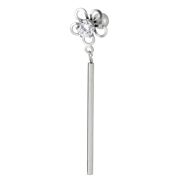 Womens Steel Flower Stud Earrings with Solitaire CZ, Dangling Long Cylinder Stick Bar, Screw Back - COOLSTEELANDBEYOND Jewelry