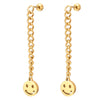 Womens Steel Gold Color Ball Stud Earrings Long Chain Dangling Smiling Face Circle Charm, Screw Back - COOLSTEELANDBEYOND Jewelry