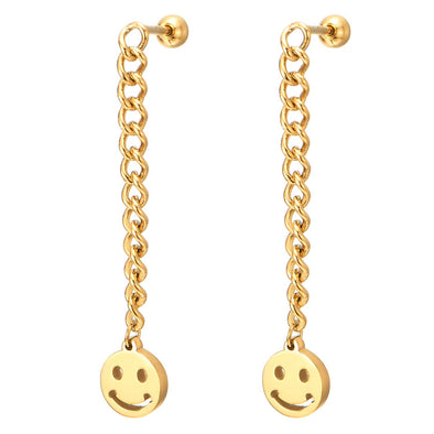 Womens Steel Gold Color Ball Stud Earrings Long Chain Dangling Smiling Face Circle Charm, Screw Back - COOLSTEELANDBEYOND Jewelry