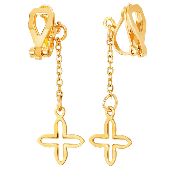 Womens Steel Gold Color Earrings, Long Chain Drop Dangle Open Cross, Non-Piercing Clip On - COOLSTEELANDBEYOND Jewelry