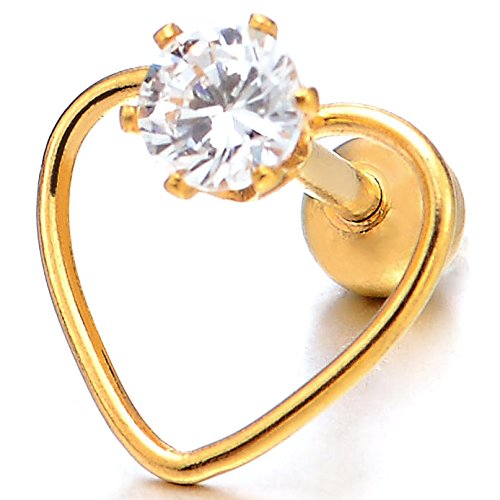 Womens Steel Gold Color Open Heart Stud Earrings with Cubic Zirconia, Screw Back, 2Pcs - COOLSTEELANDBEYOND Jewelry