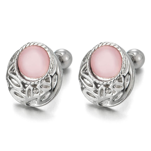 Womens Steel Leaf Pattern Oval Stud Earring with Pink Gem Stone, Screw Back, Elegant - COOLSTEELANDBEYOND Jewelry