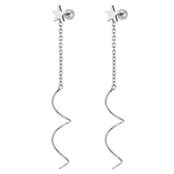 Womens Steel Star Pentagram Stud Earrings Long Dangle Chain Link Spiral Wave Wire, Screw Back - COOLSTEELANDBEYOND Jewelry
